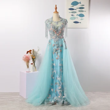 Charming Mint Green Evening Dresses 2020 A Line Princess U Neck Handmade Beading Tassel Crystal Rhinestone Lace Flower Sleeveless Floor Length Long Formal Dresses