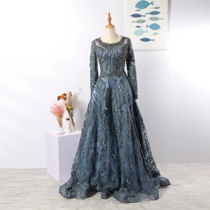 Vintage Originale Luxe Bleu Marine Fait Main Perlage Robe De Soirée 2020 Princesse Encolure Dégagée Cristal Faux Diamant En Dentelle Fleur Manches Longues Dos Nu Train De Balayage Robe De Ceremonie