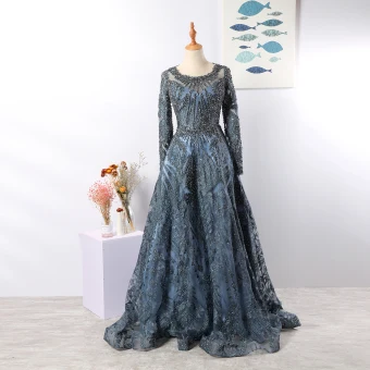 Vintage Originale Luxe Bleu Marine Fait Main Perlage Robe De Soirée 2020 Princesse Encolure Dégagée Cristal Faux Diamant En Dentelle Fleur Manches Longues Dos Nu Train De Balayage Robe De Ceremonie