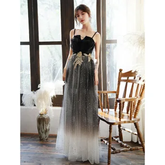 Mode Noire Robe De Soirée 2020 Princesse Bretelles Spaghetti Étoile Paillettes Faux Diamant En Dentelle Fleur Sans Manches Dos Nu Longue Robe De Ceremonie