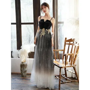 Fashion Black Evening Dresses 2020 A Line Princess Spaghetti Straps Star Sequins Rhinestone Lace Flower Sleeveless Backless Floor Length Long Formal Dresses