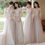 Mode Perle Rose Robe Demoiselle D'honneur 2021 Princesse Encolure Dégagée En Dentelle Fleur Appliques 3/4 Manches Dos Nu Longue Robe Pour Mariage