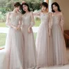 Fashion Pearl Pink Bridesmaid Dresses 2021 A-Line / Princess Scoop Neck Lace Flower Appliques 3/4 Sleeve Backless Floor-Length / Long Wedding Party Dresses