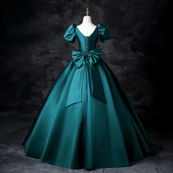 Vintage / Retro Dark Green Satin Prom Dresses 2025 Ball Gown Square Neckline Puffy Short Sleeve Backless Bow Floor-Length / Long Prom Formal Dresses