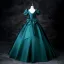Vintage / Retro Dark Green Satin Prom Dresses 2025 Ball Gown Square Neckline Puffy Short Sleeve Backless Bow Floor-Length / Long Prom Formal Dresses
