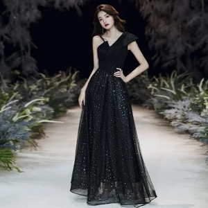 Mode Noire Robe De Soirée 2020 Princesse Une Épaule Étoile Paillettes Sans Manches Dos Nu Longue Robe De Ceremonie