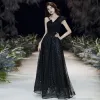 Fashion Black Evening Dresses  2020 A-Line / Princess One-Shoulder Star Sequins Sleeveless Backless Floor-Length / Long Formal Dresses