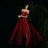 Chic / Beautiful Burgundy Evening Dresses  2020 A-Line / Princess Scoop Neck Rhinestone Sleeveless Backless Floor-Length / Long Formal Dresses
