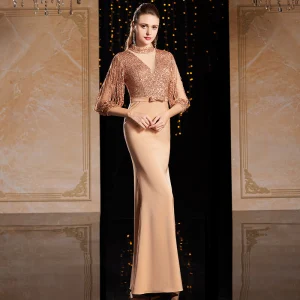 Chic Doré Robe De Soirée 2020 Princesse Encolure Dégagée Paillettes Noeud 3 4 Manches Longue Robe De Ceremonie