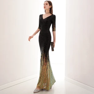 Charmant Noire Doré Robe De Soirée 2020 Trompette Sirène V Cou Paillettes 1 2 Manches Longue Robe De Ceremonie