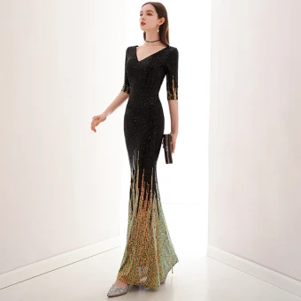 Charmant Noire Doré Robe De Soirée 2020 Trompette Sirène V Cou Paillettes 1 2 Manches Longue Robe De Ceremonie