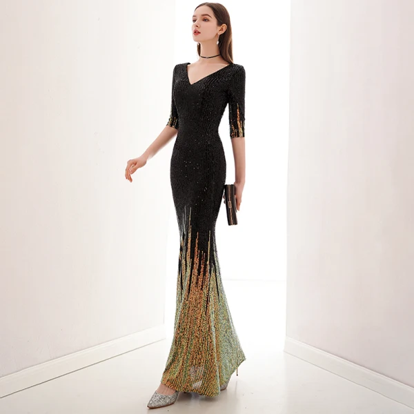 Charming Black Gold Evening Dresses 2020 Trumpet / Mermaid V-Neck Sequins 1/2 Sleeves Floor-Length / Long Formal Dresses