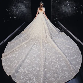 Luxe Champagne Robe De Mariée 2020 Princesse Encolure Dégagée Perlage Gland Paillettes En Dentelle Fleur Manches Courtes Dos Nu Royal Train