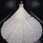 Luxe Champagne Robe De Mariée 2020 Princesse Encolure Dégagée Perlage Gland Paillettes En Dentelle Fleur Manches Courtes Dos Nu Royal Train