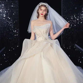 Luxury Gorgeous Champagne Wedding Dresses 2020 Ball Gown Strapless Feather Beading Lace Flower Sleeveless Backless Cascading Ruffles Royal Train