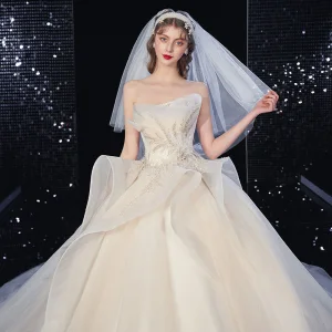 Luxury Gorgeous Champagne Wedding Dresses 2020 Ball Gown Strapless Feather Beading Lace Flower Sleeveless Backless Cascading Ruffles Royal Train