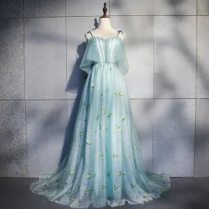 Elegant Pool Blue Evening Dresses 2018 A Line Princess Appliques Bow Spaghetti Straps Backless Sleeveless Sweep Train Formal Dresses