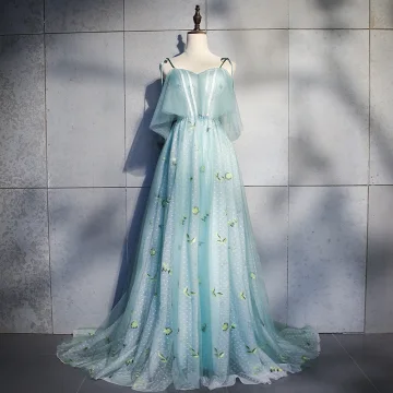 Élégant Bleu Robe De Soirée 2018 Princesse Appliques Noeud Bretelles Spaghetti Dos Nu Sans Manches Train De Balayage Robe De Ceremonie