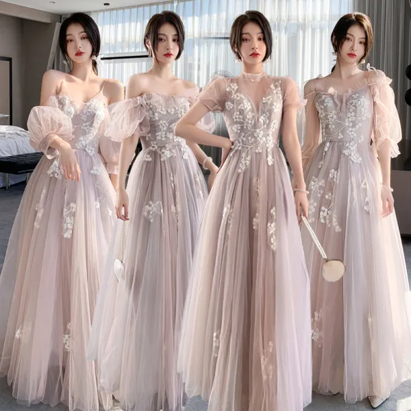 Fashion Blushing Pink Lace Flower Bridesmaid Dresses 2021 A-Line / Princess Spaghetti Straps Short Sleeve Backless Floor-Length / Long Bridesmaid Wedding Party Dresses