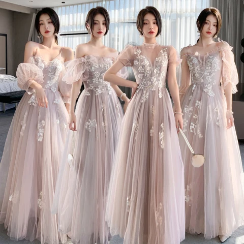 Mode Rougissant Rose En Dentelle Fleur Robe Demoiselle D'honneur 2021 Princesse Bretelles Spaghetti Manches Courtes Dos Nu Longue Demoiselle D'honneur Robe Pour Mariage