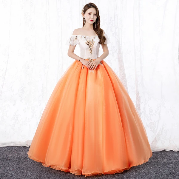 Elegant Orange Prom Dresses 2020 A-Line / Princess Off-The-Shoulder Lace Flower Short Sleeve Backless Floor-Length / Long Formal Dresses