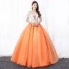 Elegant Orange Prom Dresses 2020 A-Line / Princess Off-The-Shoulder Lace Flower Short Sleeve Backless Floor-Length / Long Formal Dresses