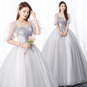 Elegant Grey Prom Dresses 2020 A Line Princess Scoop Neck Pearl Lace Flower 1 2 Sleeves Backless Floor Length Long Formal Dresses