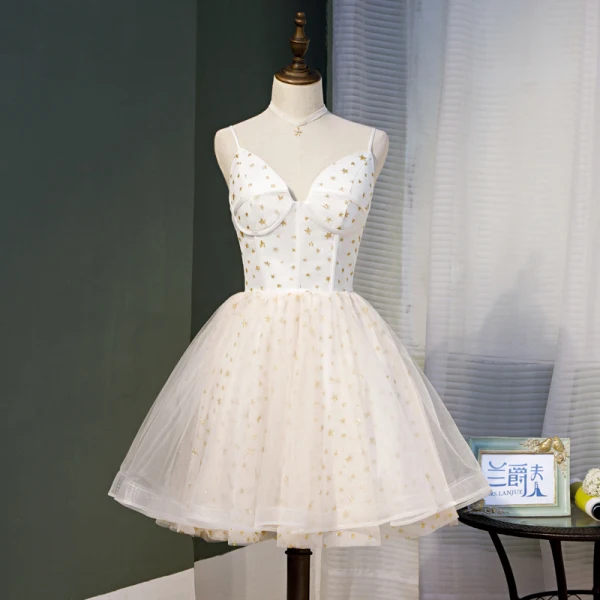 Chic / Beautiful Ivory Homecoming Graduation Dresses 2020 A-Line / Princess  Spaghetti Straps Glitter Star Sleeveless Backless