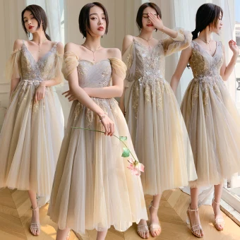 Chic Belle Champagne Robe Demoiselle D Honneur 2021 Princesse V Cou Perlage Perle Paillettes En Dentelle Fleur Manches Courtes Dos Nu Longue Demoiselle D Honneur Robe Pour Mariage