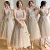 Chic / Beautiful Champagne Bridesmaid Dresses 2021 A-Line / Princess V-Neck Beading Pearl Sequins Lace Flower Short Sleeve Backless Floor-Length / Long Bridesmaid Wedding Party Dresses