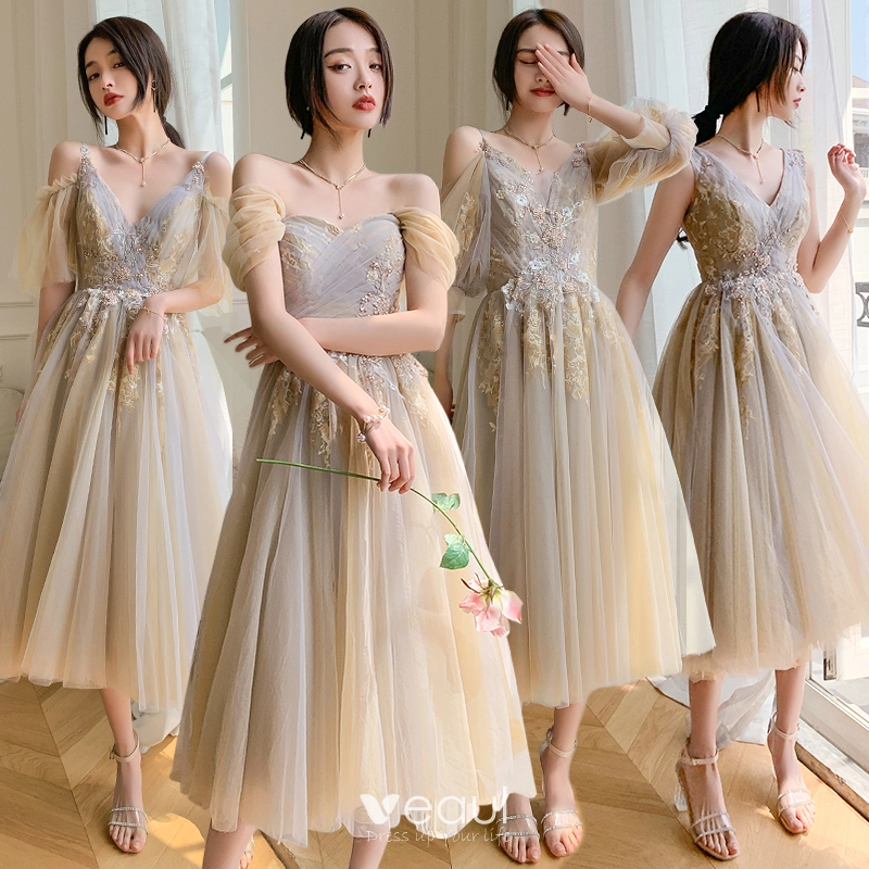 Chic / Beautiful Champagne Bridesmaid Dresses 2021 A-Line / Princess V-Neck Beading Pearl Sequins Lace Flower Short Sleeve Backless Floor-Length / Chic / Beautiful Champagne Bridesmaid Dresses 2021 A-Line / Princess V-Neck Beading Pearl Sequins Lace Flower Short Sleeve Backless Floor-Length /