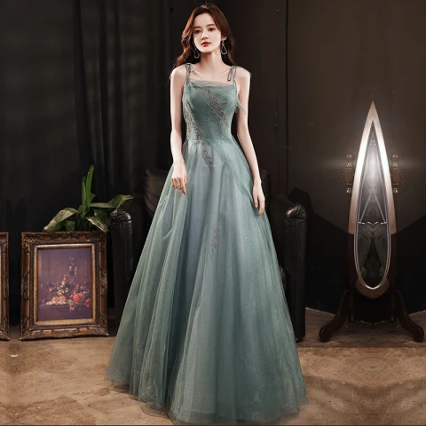 Encantador Verde Salvia Glitter Vestidos de gala 2021 A-Line / Princess Spaghetti Straps Rhinestone Sin Mangas Sin Espalda Té De Longitud Noche Vestidos Formales