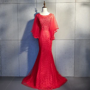Chic Belle Rouge Robe De Soirée 2018 Trompette Sirène En Dentelle Appliques Perlage Paillettes Encolure Dégagée Dos Nu 3 4 Manches Train De Balayage Robe De Ceremonie