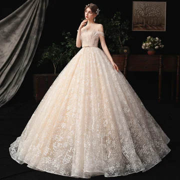 Charming Champagne Wedding Dresses 2020 A Line Princess Off The Shoulder Beading Bow Pearl Sequins Lace Flower Sleeveless Backless Court Train