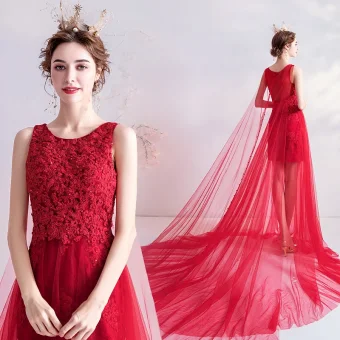 Charmant Rouge Robe De Soirée 2020 Princesse Encolure Dégagée Perlage Paillettes En Dentelle Fleur Sans Manches Cathedral Train Robe De Ceremonie