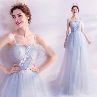 Chic Bleu Ciel Robe De Soirée 2020 Princesse Sans Manches Perlage Paillettes En Dentelle Fleur Bretelles Spaghetti Dos Nu Train De Balayage Robe De Ceremonie