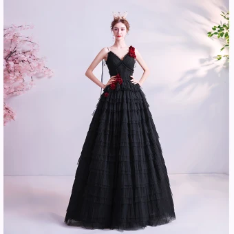 Chic Noire Volants Robe De Bal 2020 Princesse Bretelles Spaghetti Appliques Sans Manches Dos Nu Longue Robe De Ceremonie