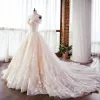 Elegant Champagne Wedding Dresses 2018 Ball Gown Lace Appliques Pearl Off-The-Shoulder Backless Sleeveless Cathedral Train Wedding