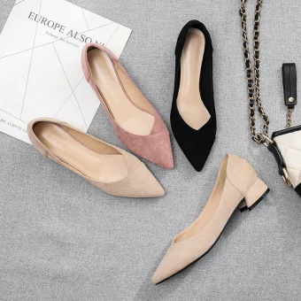 Proste Simple Zamszowe Przypadkowy Ecru Czółenka 2020 5 Cm Grubym Obcasie Szpiczaste Czółenka