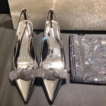 Chic Beautiful Silver Evening Party Womens Shoes 2020 Rhinestone Bow 6 Cm Stiletto Heels Pointed Toe High Heels