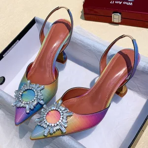 Chic Belle Multi Couleurs Arc En Ciel Vêtement De Rue Sandales Femme 2020 7 Cm Talons Aiguilles Cristal Faux Diamant À Bout Pointu Sandales