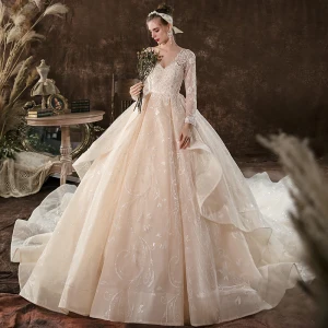 Elegant Ball Gown Champagne Empire Pregnant Wedding Dresses 2020 V Neck Beading Sequins Lace Flower Long Sleeve Backless Cathedral Train