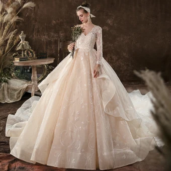 Elegant Ball Gown Champagne Empire Pregnant Wedding Dresses 2020 V Neck Beading Sequins Lace Flower Long Sleeve Backless Cathedral Train