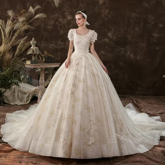 Élégant Champagne Robe Boule Robe De Mariée 2020 Encolure Carrée Perlage Paillettes Appliques Manches Courtes Dos Nu Cathedral Train