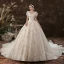 Elegante Champagner Ballkleid Brautkleider / Hochzeitskleider 2020 Eckiger Ausschnitt Perlenstickerei Pailletten Applikationen Kurze Ärmel Rückenfreies Kathedrale Schleppe