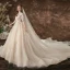 Charmant Champagne Robe De Mariée 2020 Princesse Encolure Dégagée Perlage Paillettes En Dentelle Fleur 3/4 Manches Dos Nu Cathedral Train