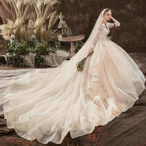 Charming Champagne Wedding Dresses Ball Gown 2020 V Neck Beading Sequins Lace Flower Long Sleeve Backless Cathedral Train