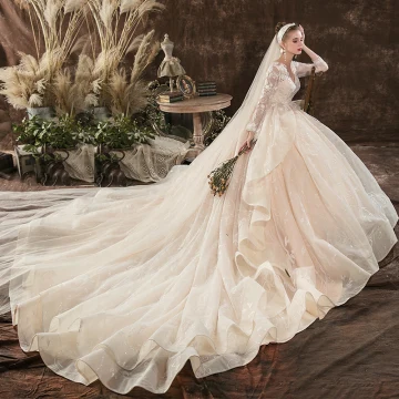 Charming Champagne Wedding Dresses Ball Gown 2020 V Neck Beading Sequins Lace Flower Long Sleeve Backless Cathedral Train