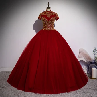 Élégant Bordeaux Robe De Bal 2020 Robe Boule Col Haut Perlage Paillettes Manches Courtes Dos Nu Longue Robe De Ceremonie