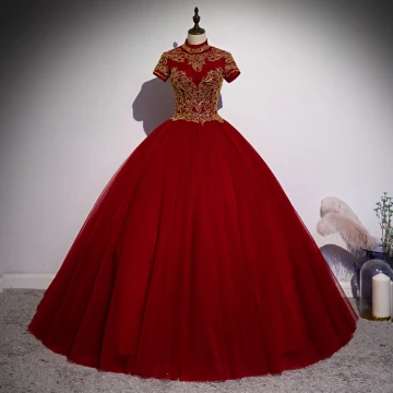 Elegant Burgundy Prom Dresses 2020 Ball Gown High Neck Beading Sequins Short Sleeve Backless Floor Length Long Formal Dresses